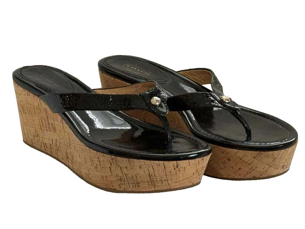 Coach Black Patent Leather Cork Wedge Sandals Women's Size 9.5B Thong Slide